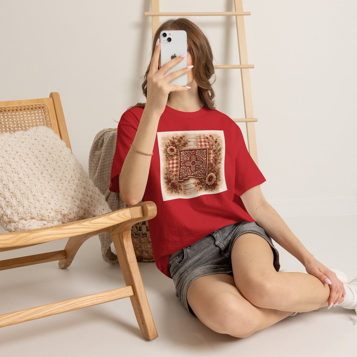 New Mexico Zia Vintage Floral Tee — Rustic Sunflower Plaid Graphic T-Shirt - Red