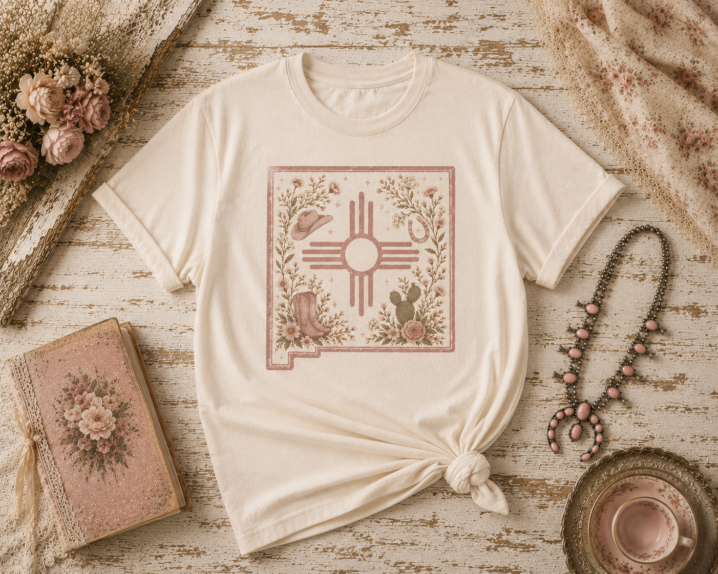 New Mexico Floral Cowgirl Zia T-Shirt — Southwestern State Outline Tee - Pink