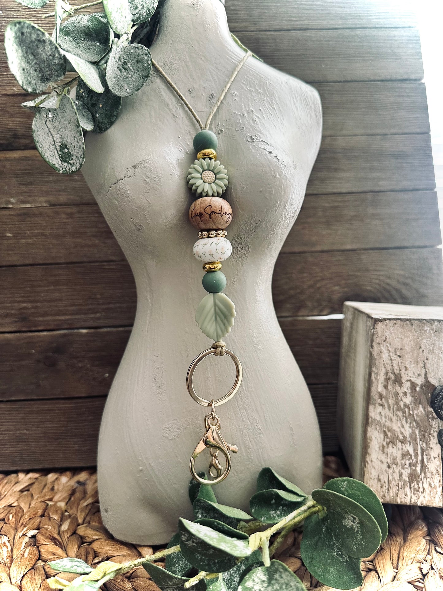 Green Floral Beaded Lanyard