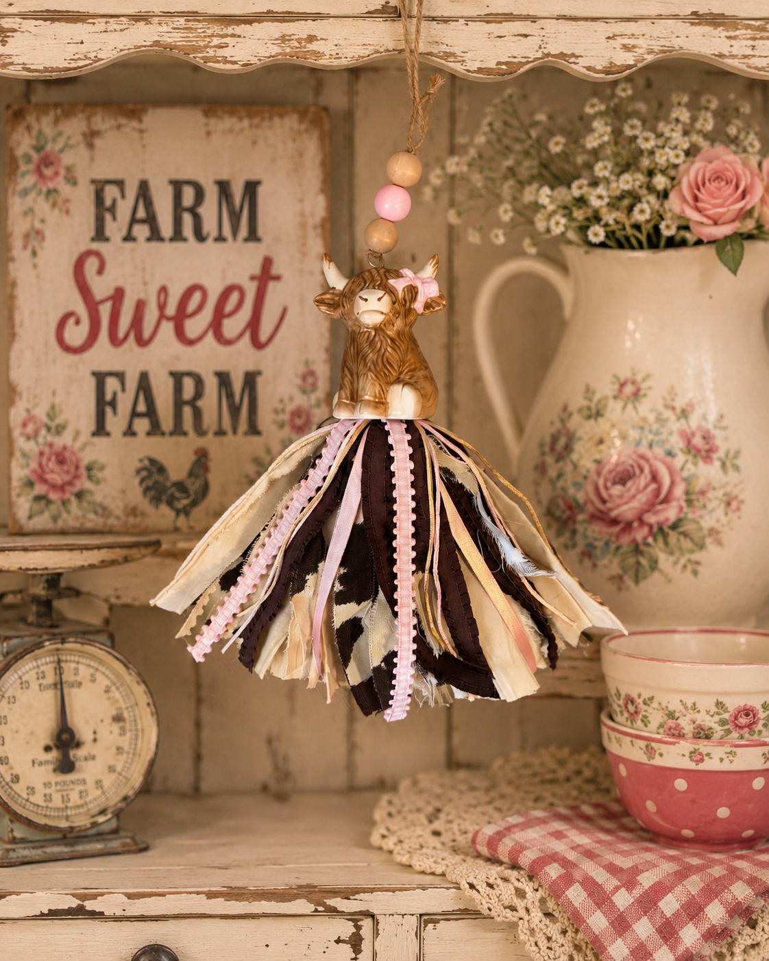 Shabby Chic Highland Cow Salt Shaker Tassel