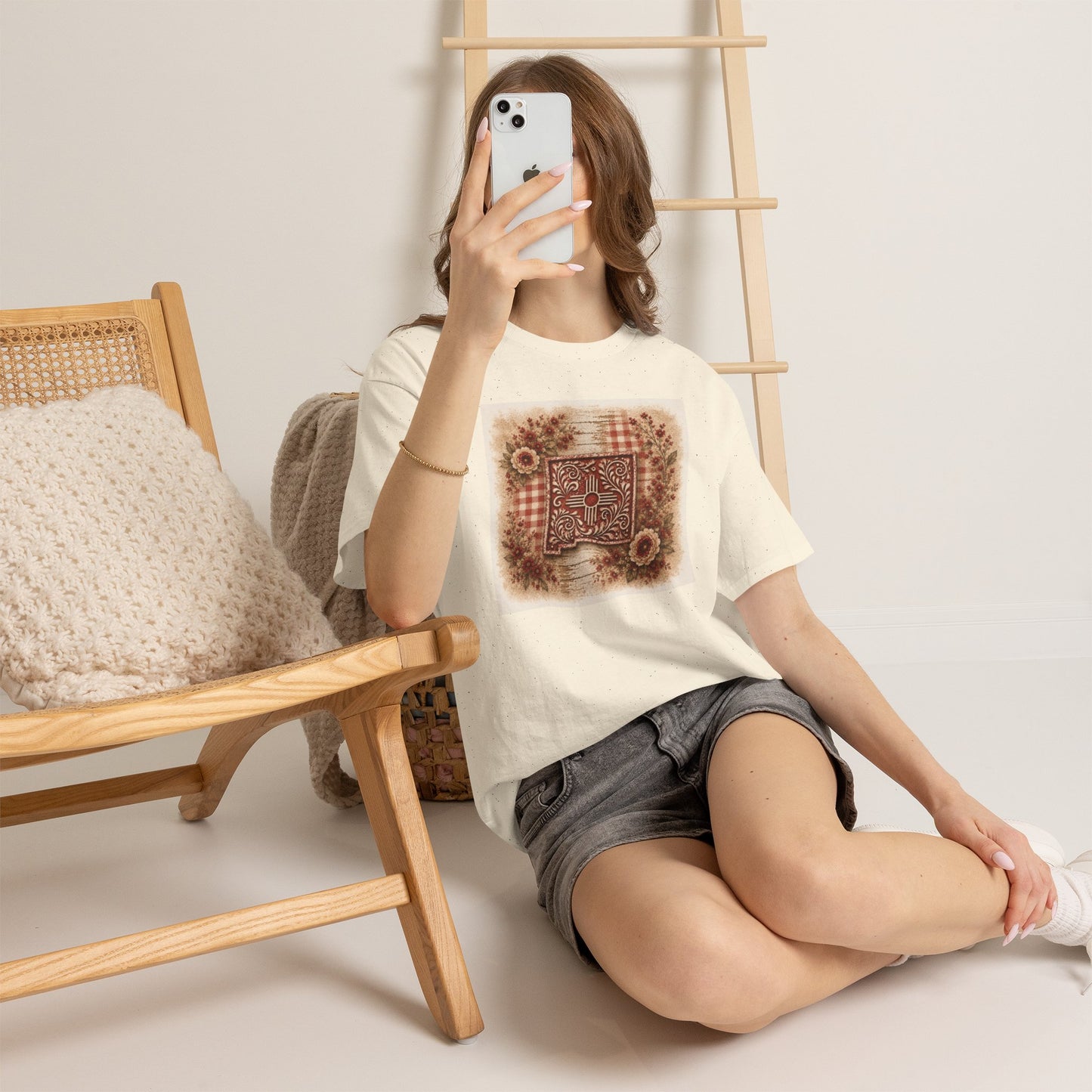 New Mexico Zia Vintage Floral Tee — Rustic Sunflower Plaid Graphic T-Shirt - Red