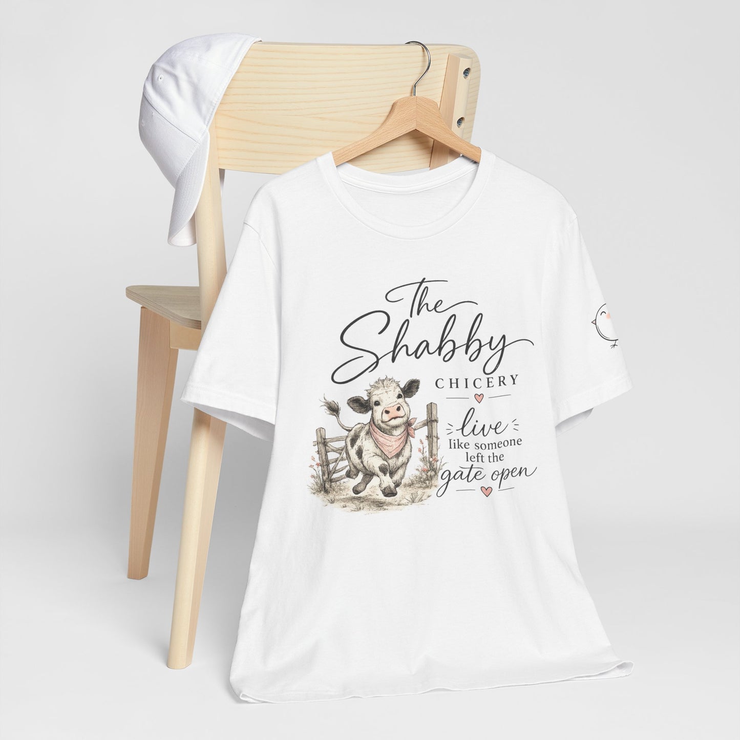 The Shabby Chicery Tee — "Live like someone left the gate open" Cow Graphic Shirt