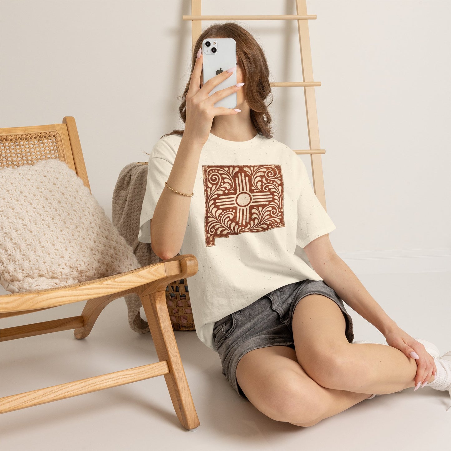 Zia Sun Folk Art T‑Shirt — Southwestern Floral New Mexico Design - Brown