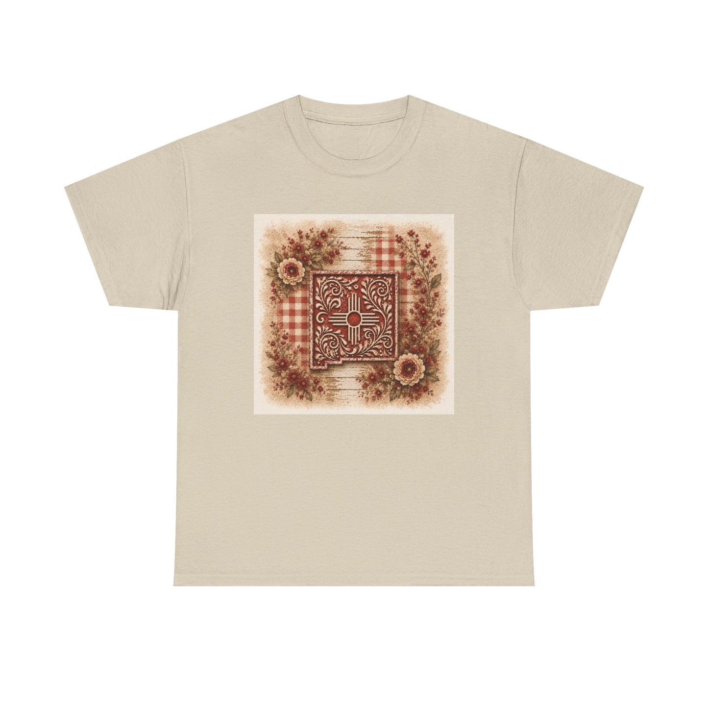 New Mexico Zia Vintage Floral Tee — Rustic Sunflower Plaid Graphic T-Shirt - Red