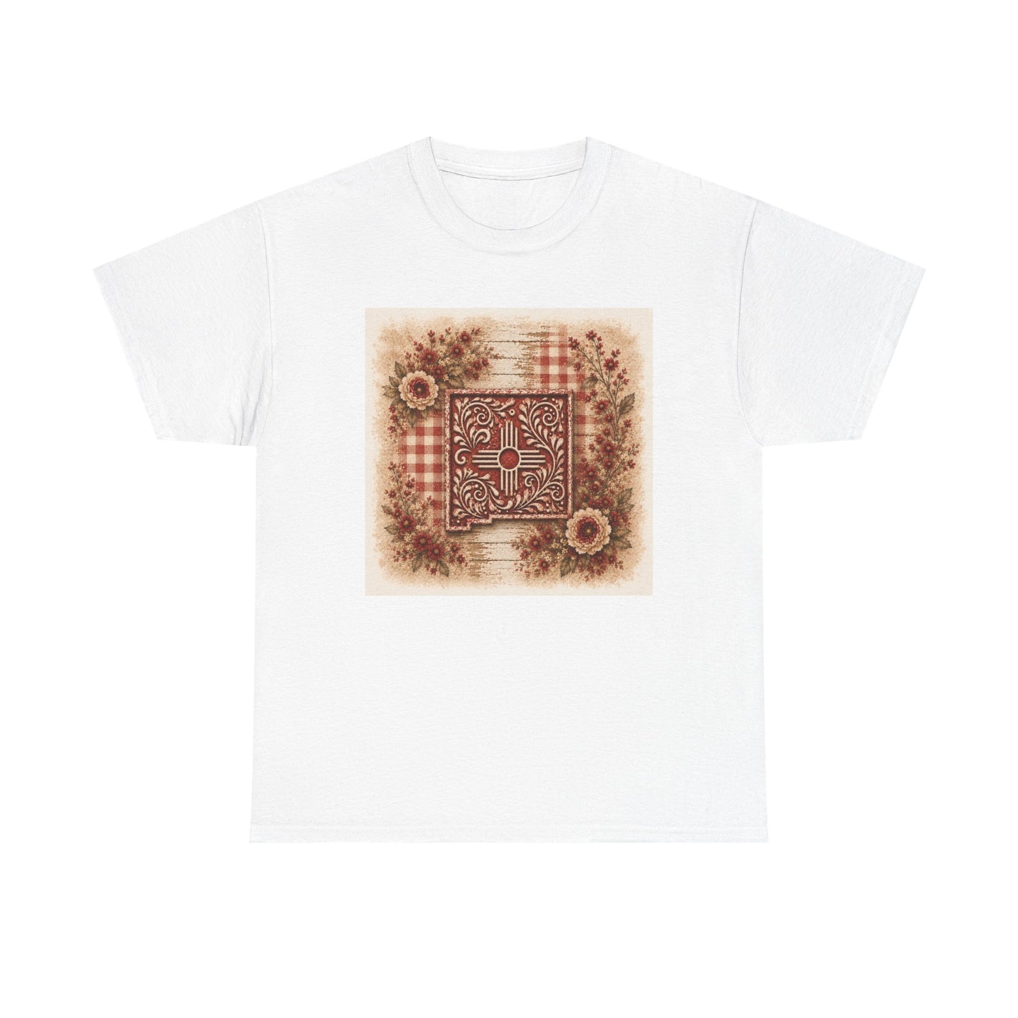 New Mexico Zia Vintage Floral Tee — Rustic Sunflower Plaid Graphic T-Shirt - Red