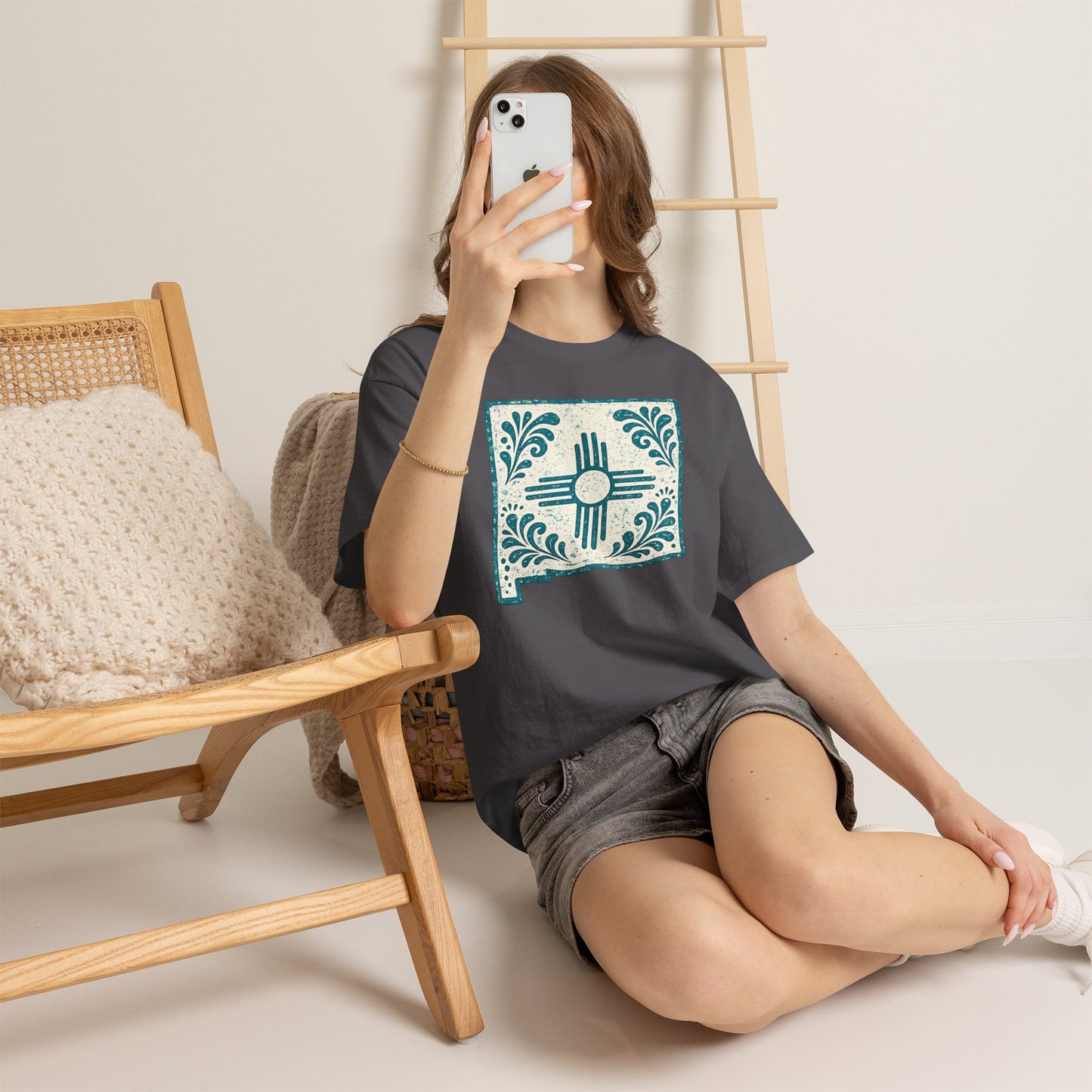 New Mexico Zia Tile T-Shirt — Southwestern Floral State Map Tee - Turqouise