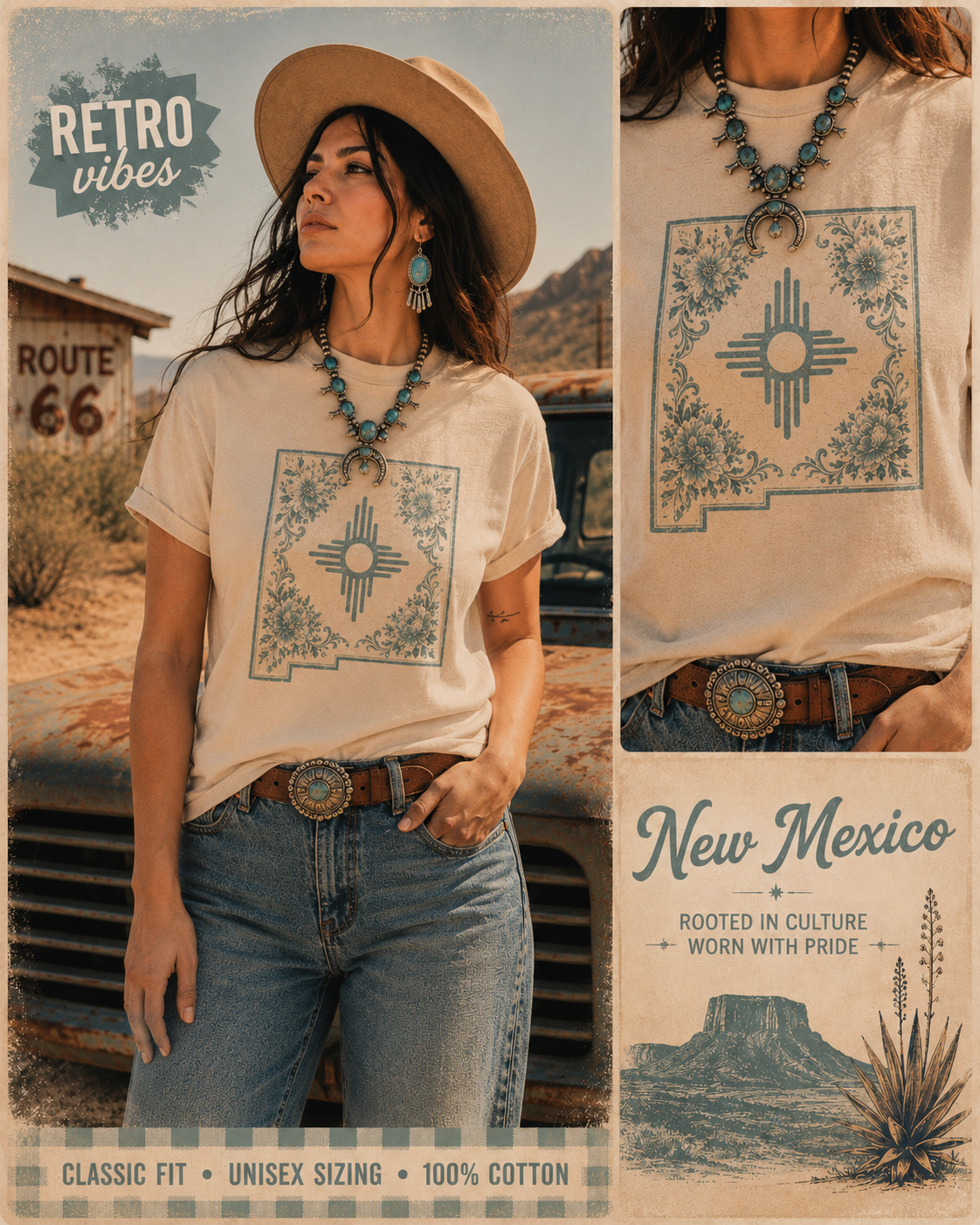 Zia Sun Tile Graphic Tee — Southwestern Boho Cotton T-Shirt