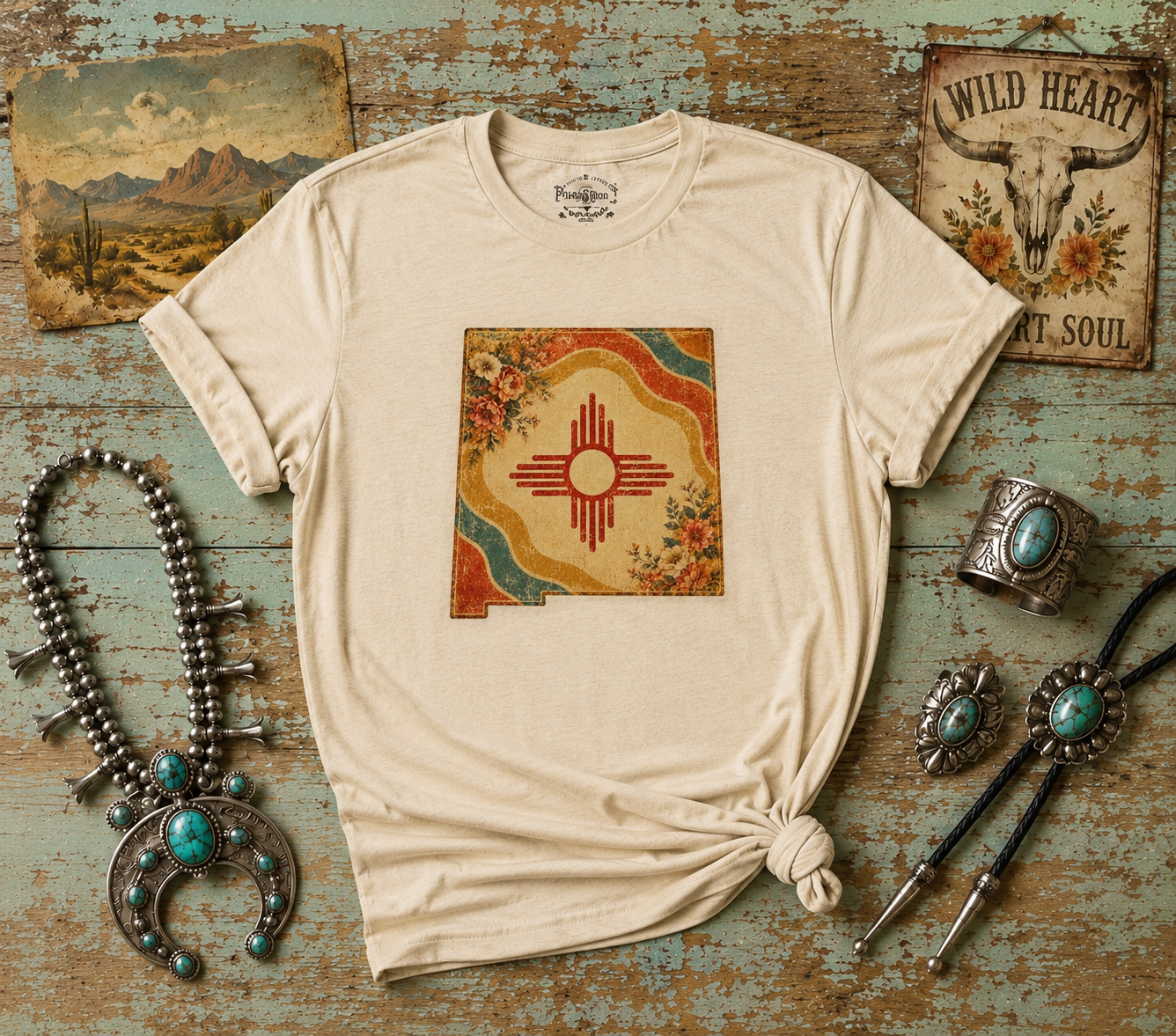 Southwest Zia Symbol Tee — Vintage Floral Desert Graphic T-Shirt