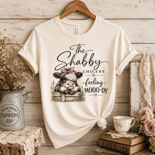 T-Shirt — “The Shabby Chicery Feeling Moo-dy” Cute Cow Graphic Tee