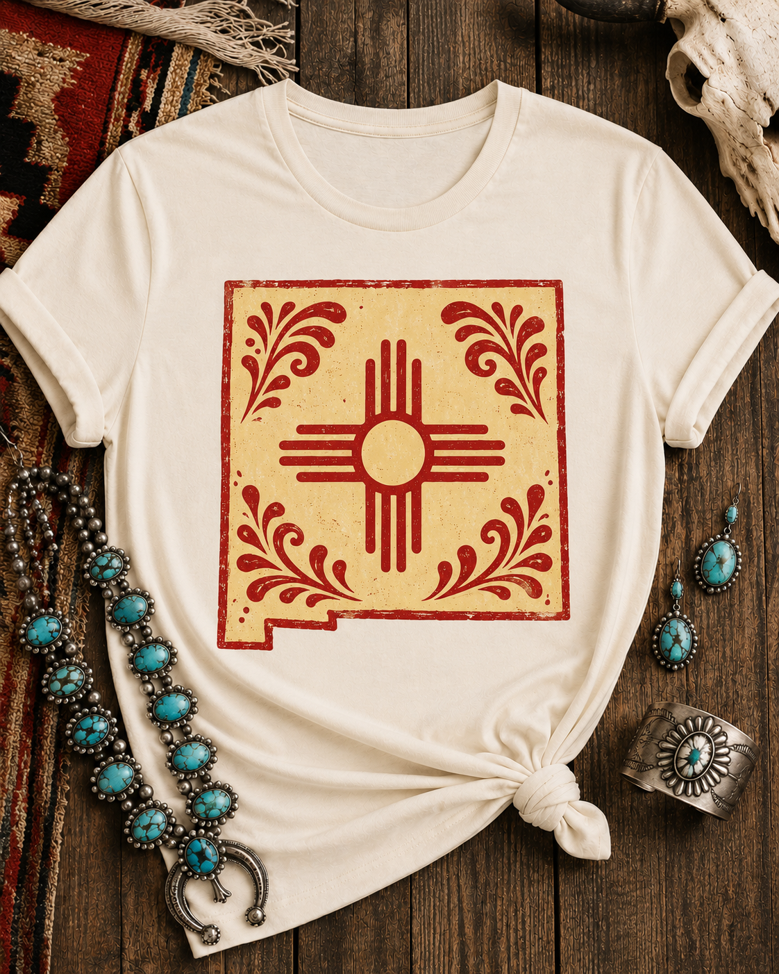 New Mexico Zia Tile T-Shirt — Southwestern Floral State Pride Tee