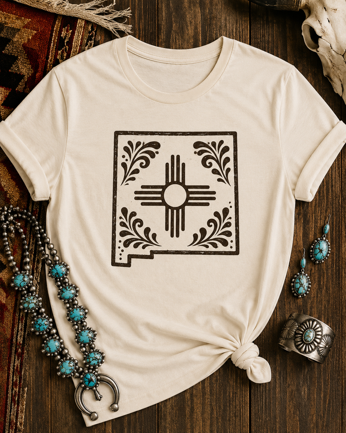 New Mexico Zia Tile T‑Shirt — Southwestern Floral Zia Sun Tee - Black