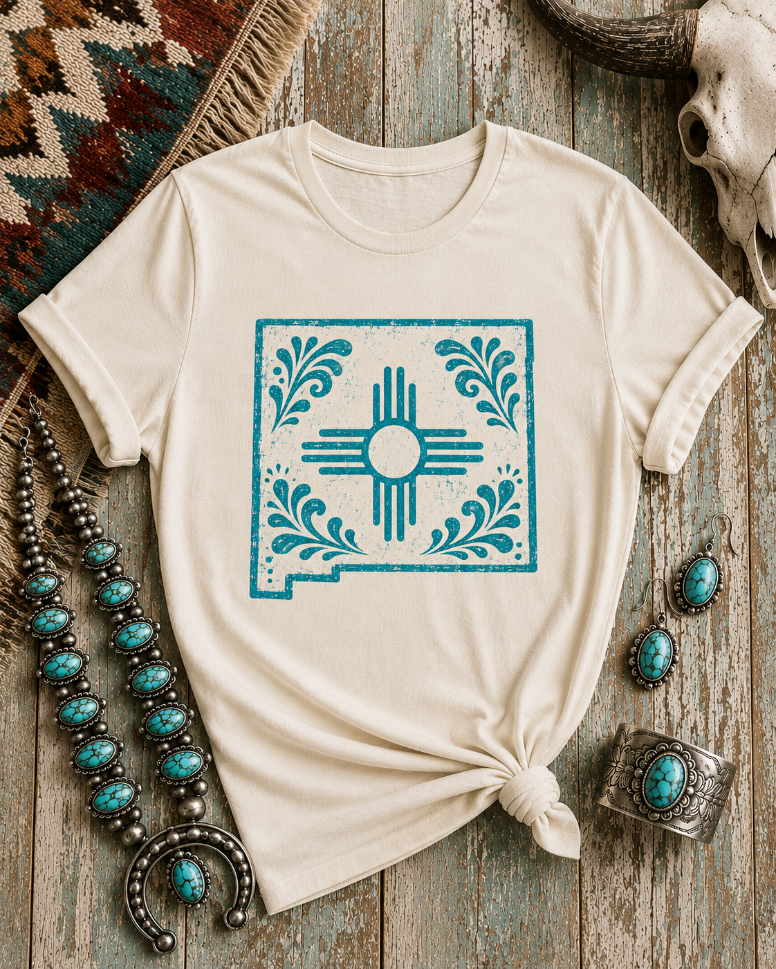 New Mexico Zia Tile T-Shirt — Southwestern Floral State Map Tee - Turqouise