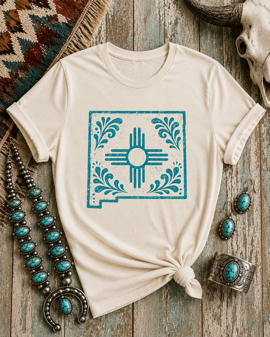 New Mexico Zia Tile T-Shirt — Southwestern Floral State Map Tee - Turqouise