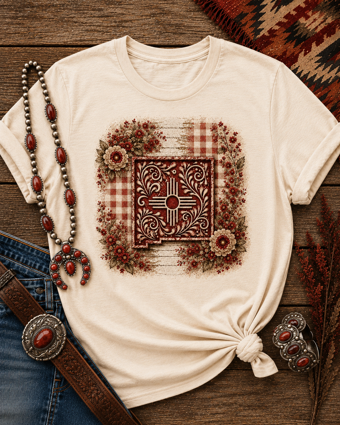 New Mexico Zia Vintage Floral Tee — Rustic Sunflower Plaid Graphic T-Shirt - Red