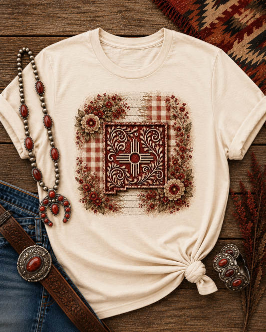 New Mexico Zia Vintage Floral Tee — Rustic Sunflower Plaid Graphic T-Shirt - Red