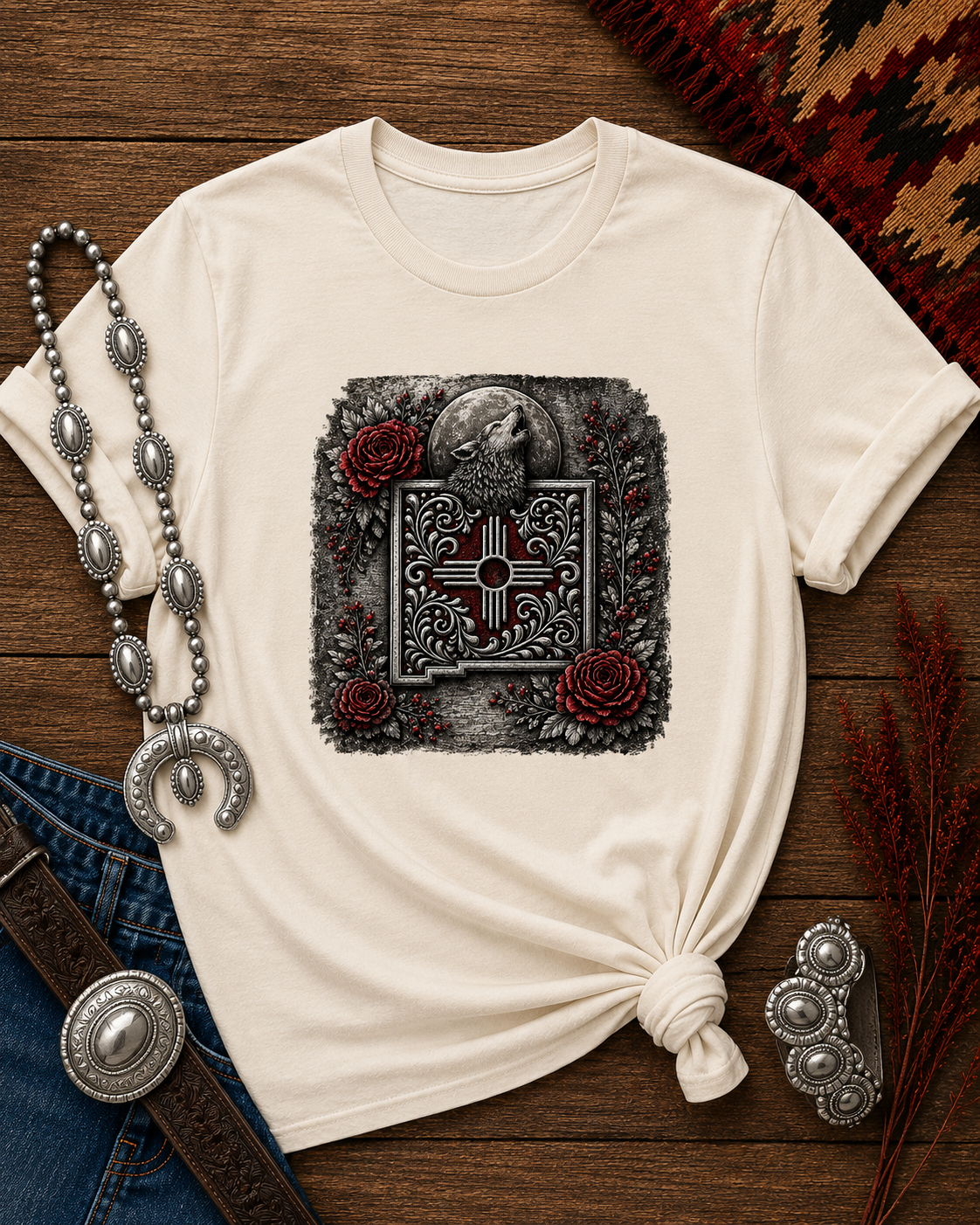 New Mexico Zia Symbol Tee — Lobo Southwest Zia with Roses