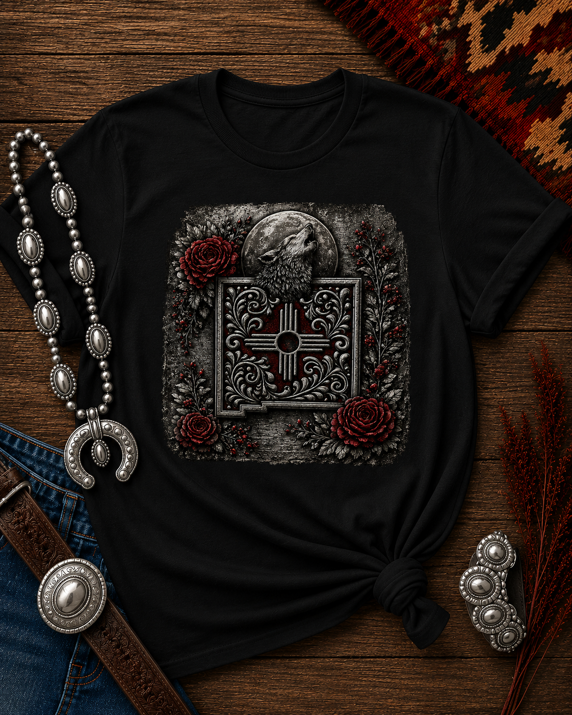 New Mexico Zia Symbol Tee — Lobo Southwest Zia with Roses