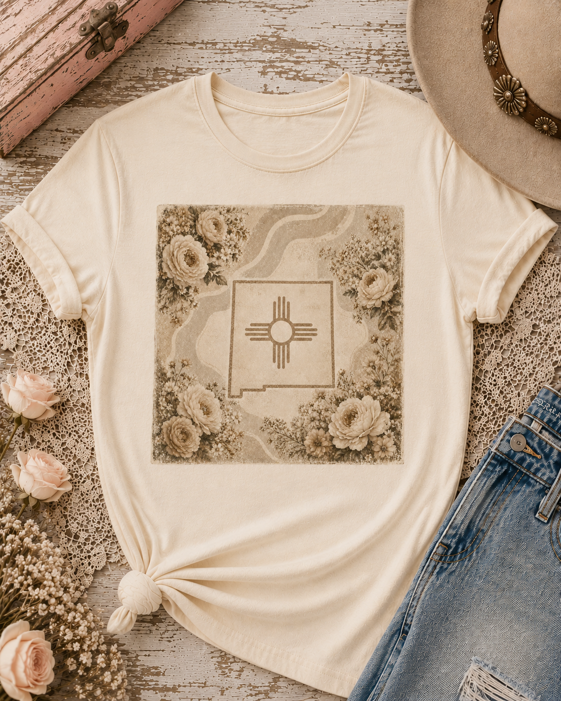 New Mexico  Zia Floral T‑Shirt — Vintage Desert Sun Graphic Tee