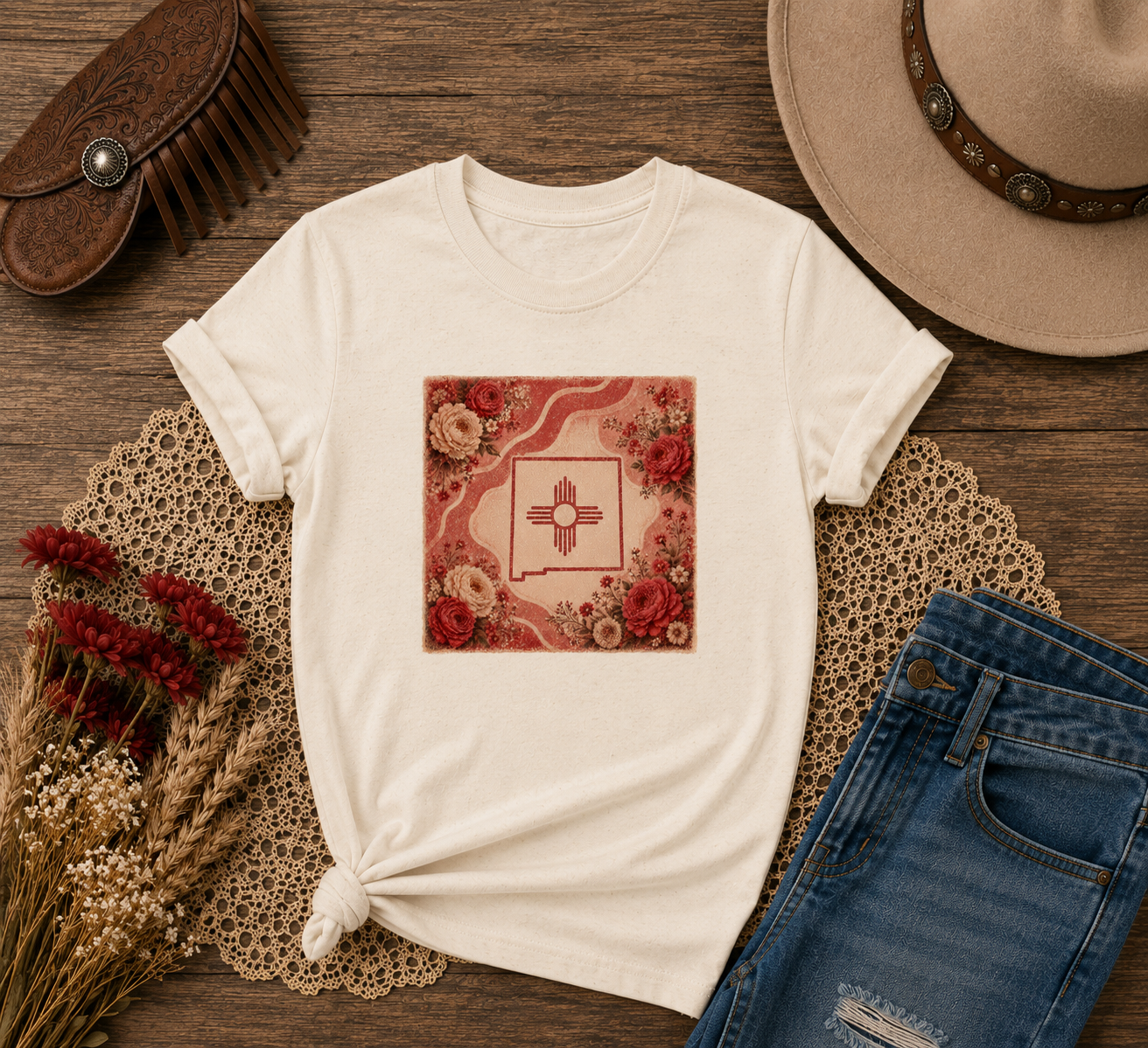 New Mexico Zia Floral Tee - Red