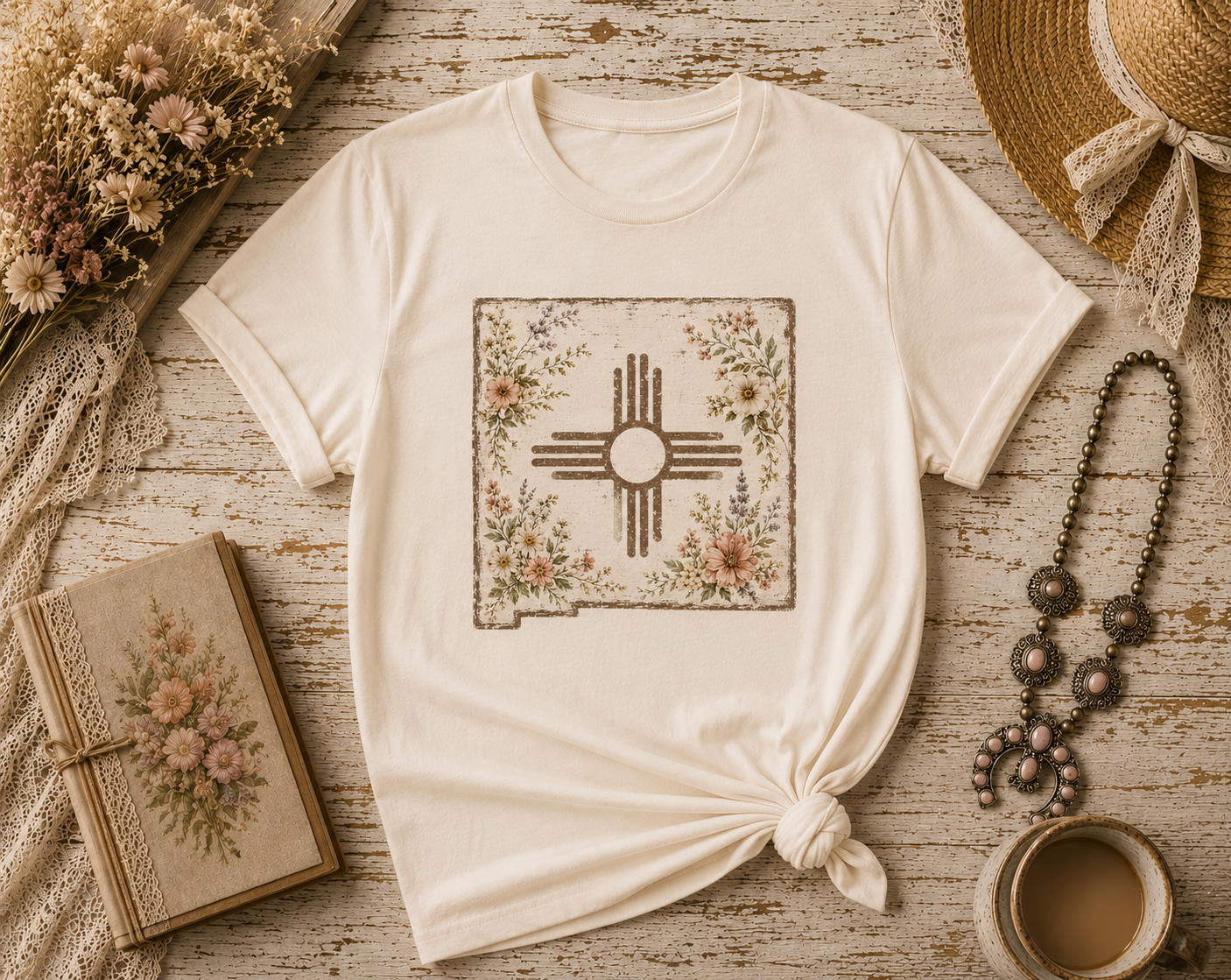New Mexico Zia Floral Tee — Vintage State Map T-Shirt