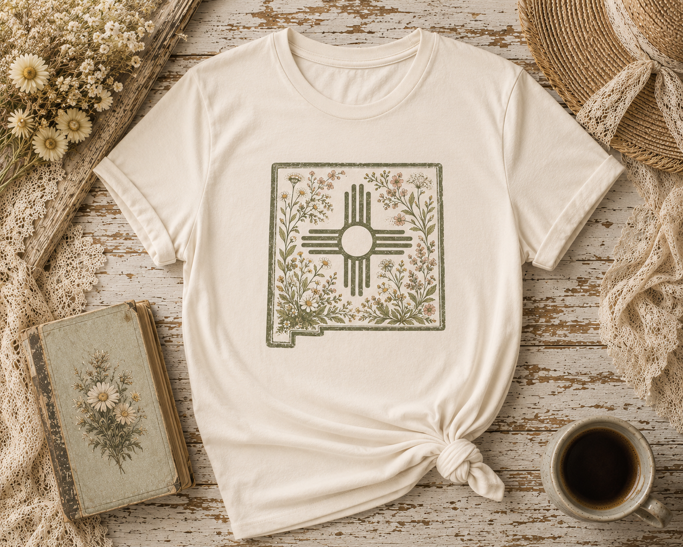 New Mexico Floral Zia T-Shirt — Southwestern State Pride Tee - Sage