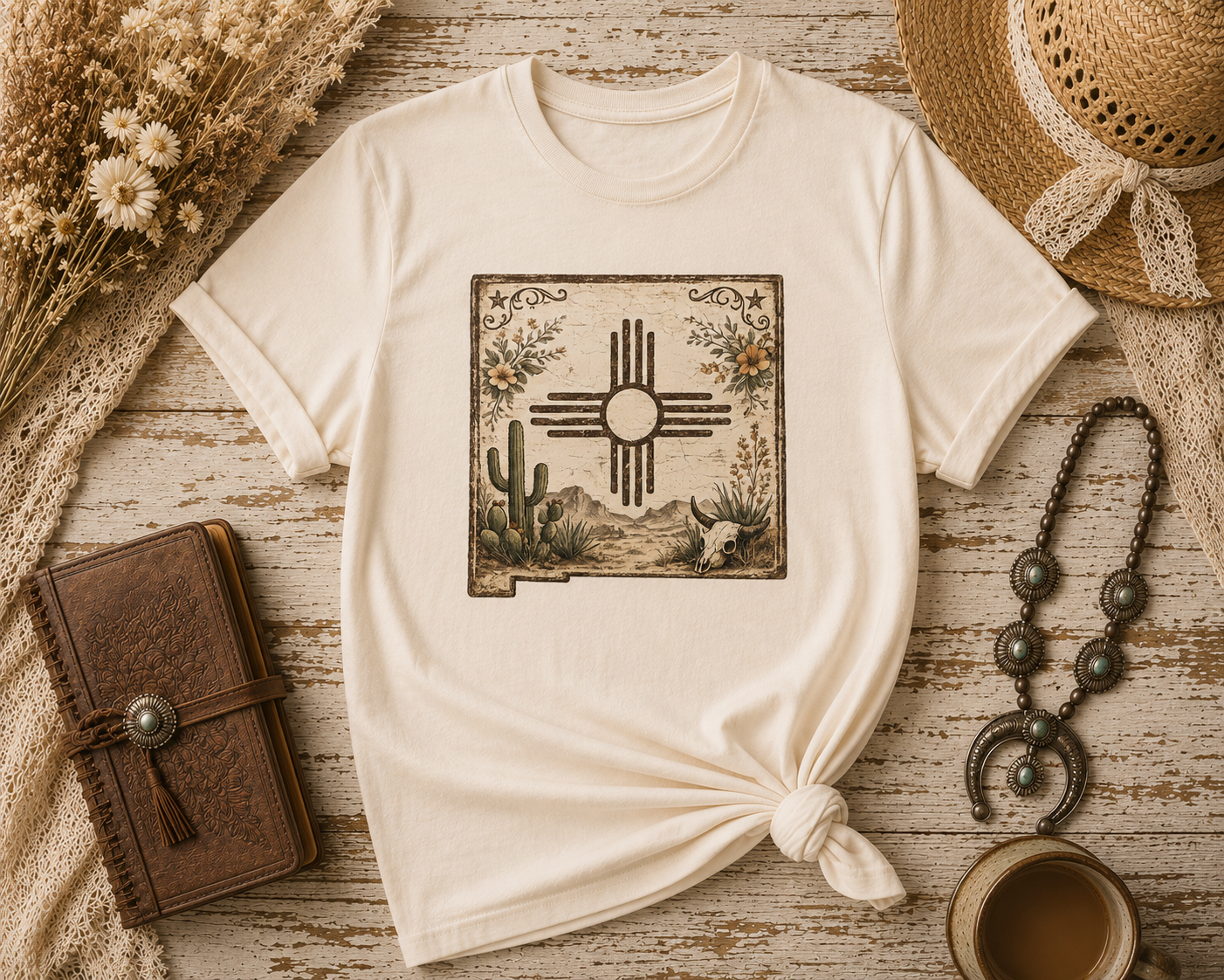New Mexico Zia Sun Cotton Tee – Desert Cactus Vintage Graphic T‑Shirt - Western
