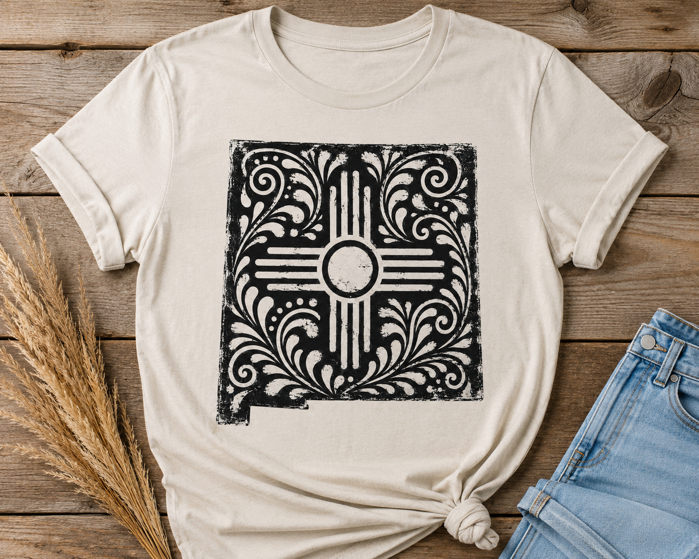 New Mexican Zia Tile Graphic Tee — Vintage Ornamental Southwest Motif - Black