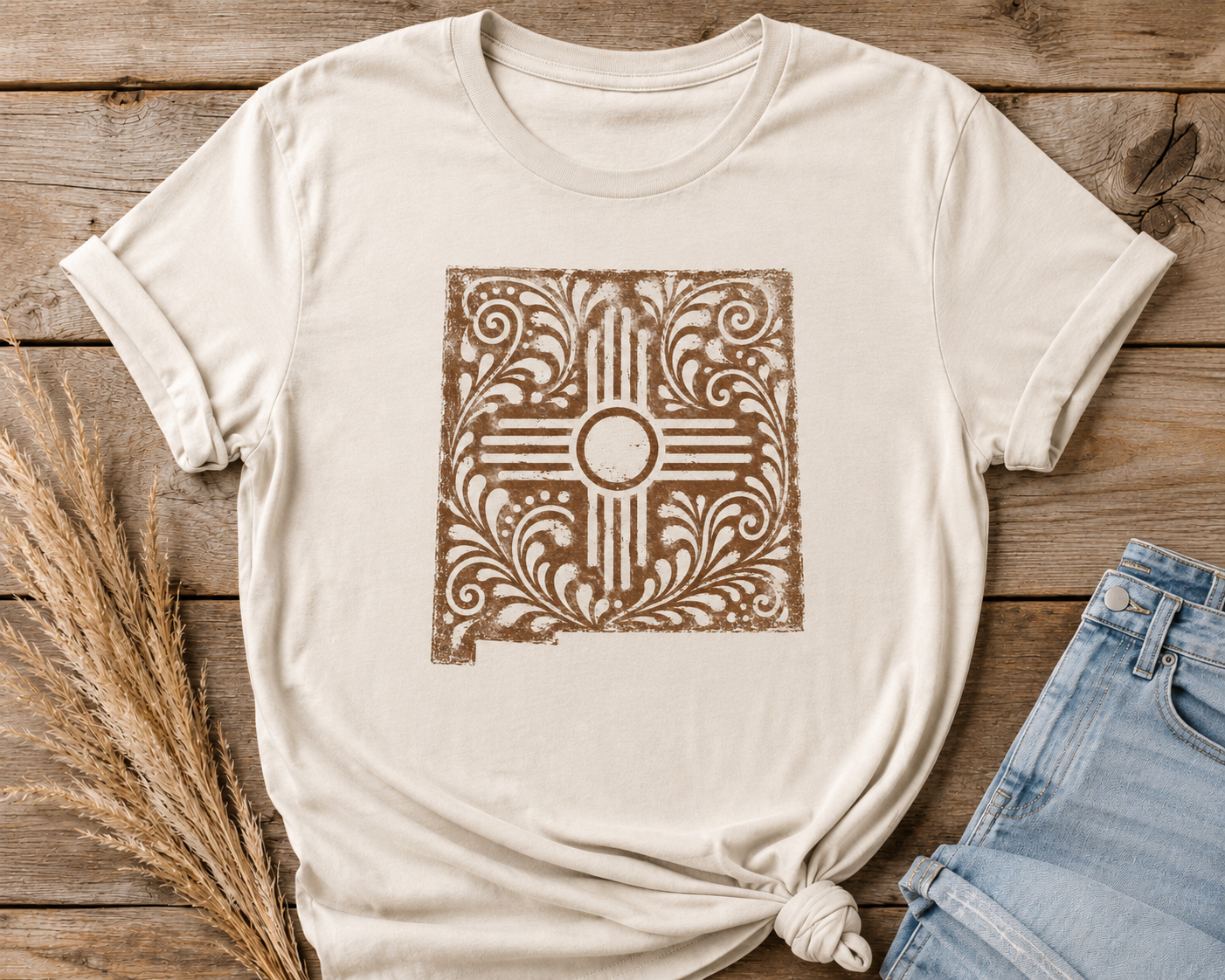 Zia Sun Folk Art T‑Shirt — Southwestern Floral New Mexico Design - Brown