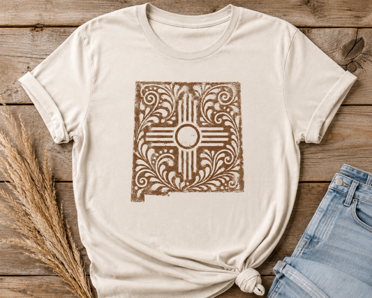 Zia Sun Folk Art T‑Shirt — Southwestern Floral New Mexico Design - Brown