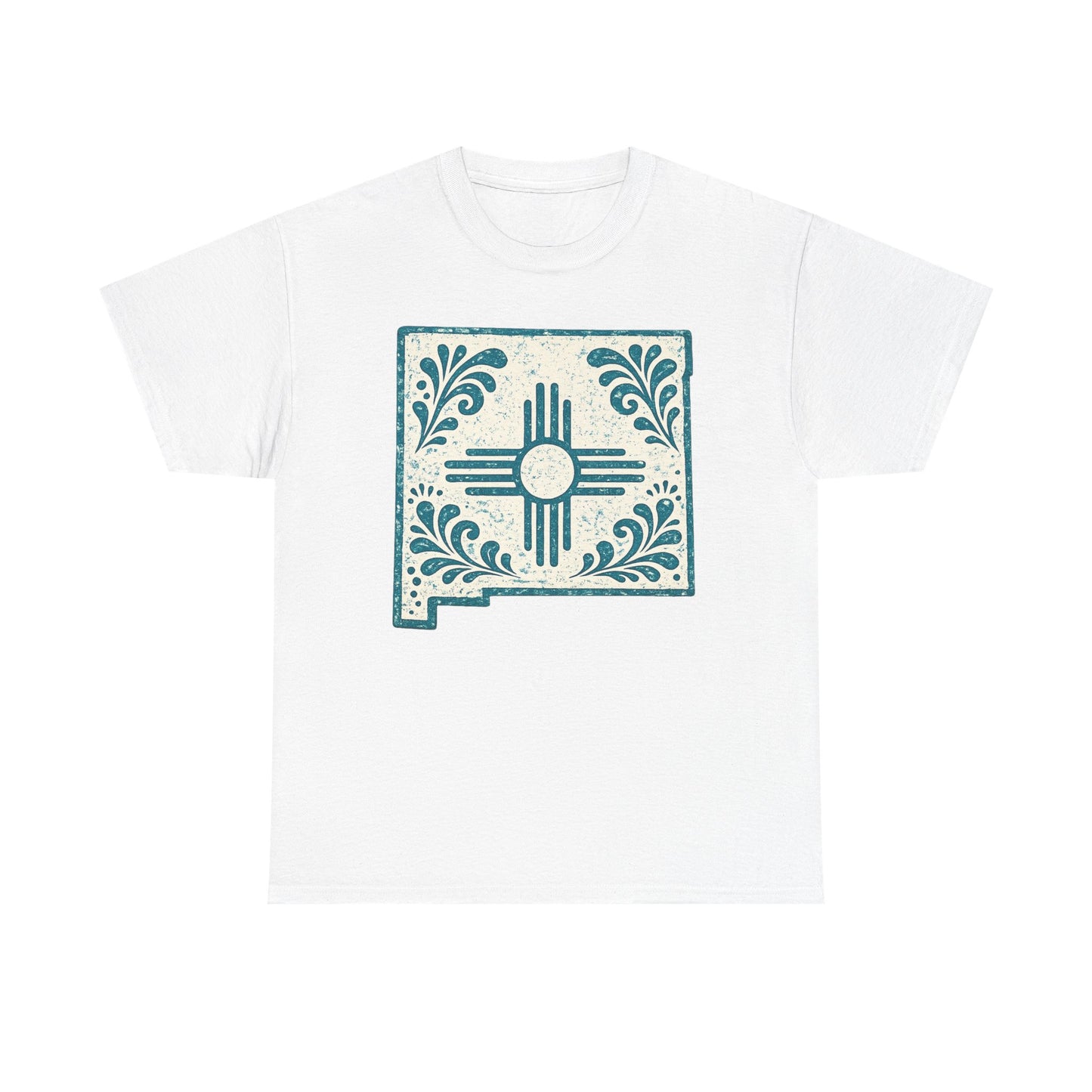 New Mexico Zia Tile T-Shirt — Southwestern Floral State Map Tee - Turqouise