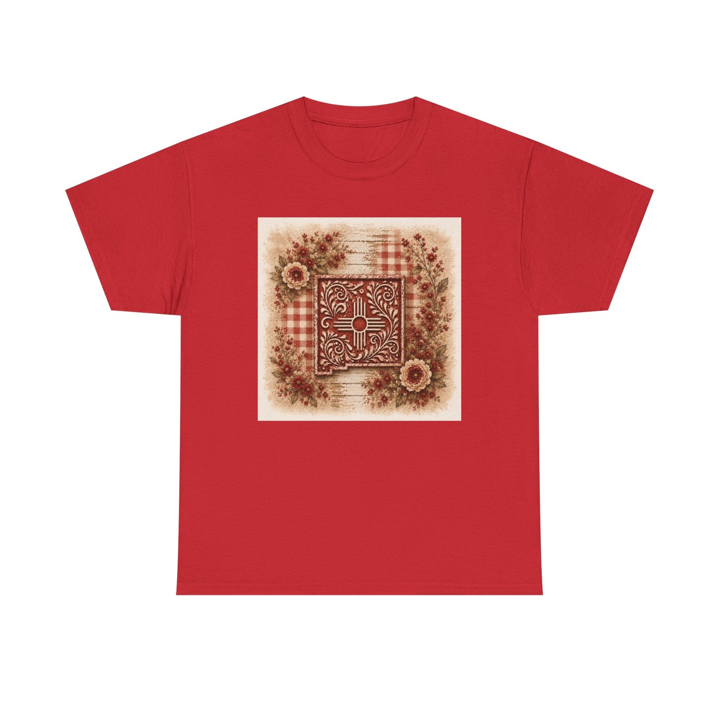 New Mexico Zia Vintage Floral Tee — Rustic Sunflower Plaid Graphic T-Shirt - Red