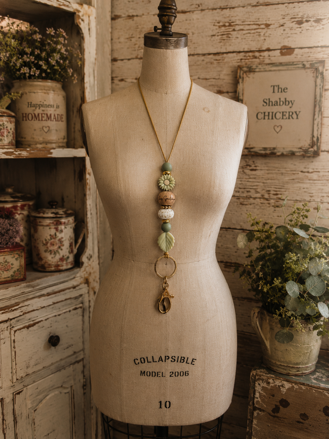 Green Floral Beaded Lanyard
