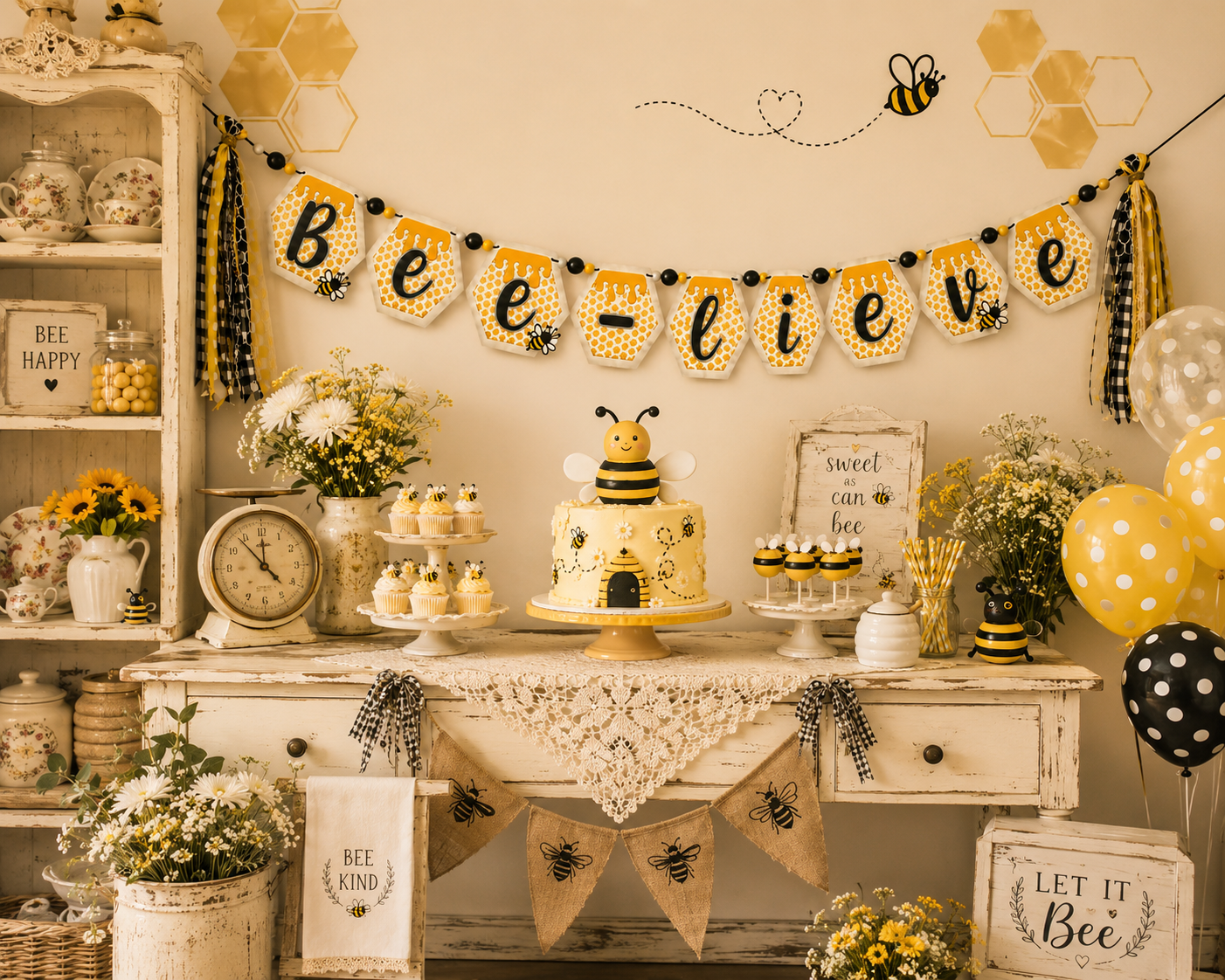 Bee-lieve handmade honeybee paper banner with glitter accents in black, yellow, and gold
Close-up of layered cardstock honeycomb details on Bee-lieve banner
Bee-lieve banner displayed as party décor with ribbon tassels and bead accents
Honeybee banner hanging in a nursery or classroom setting
Bee-lieve banner styled on a tiered tray for home décor
Full view of Bee-lieve honeybee garland banner for bee-themed celebrations