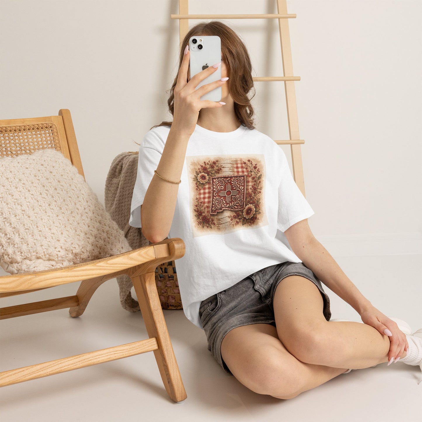New Mexico Zia Vintage Floral Tee — Rustic Sunflower Plaid Graphic T-Shirt - Red