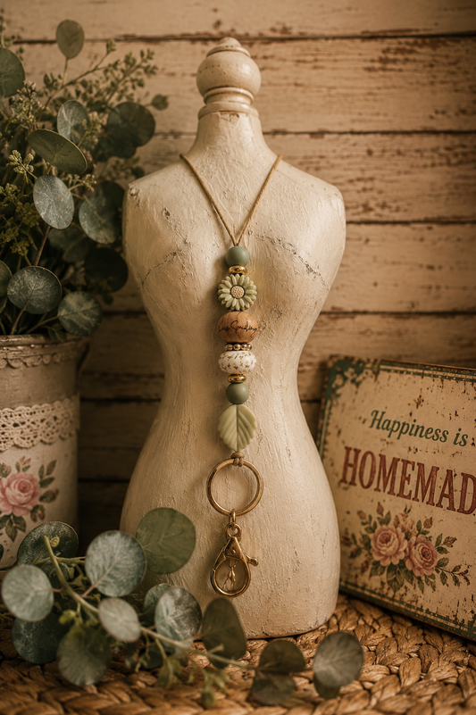Green Floral Beaded Lanyard