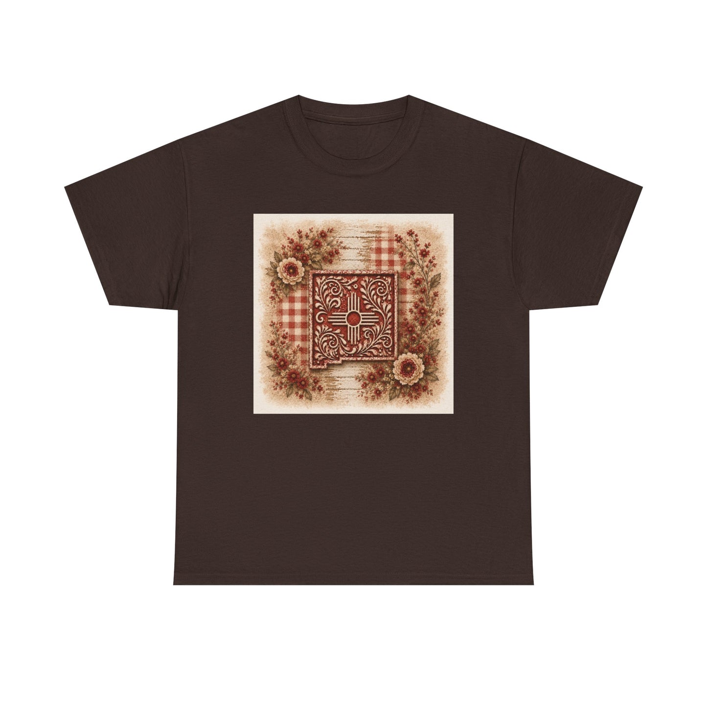 New Mexico Zia Vintage Floral Tee — Rustic Sunflower Plaid Graphic T-Shirt - Red