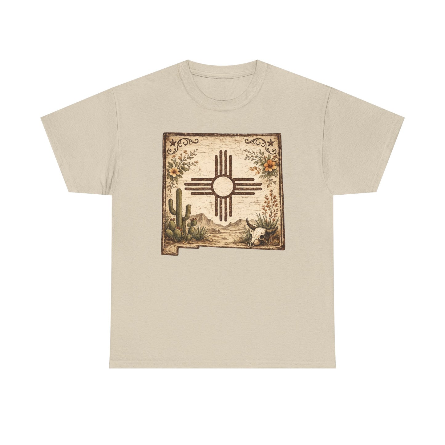 New Mexico Zia Sun Cotton Tee – Desert Cactus Vintage Graphic T‑Shirt - Western