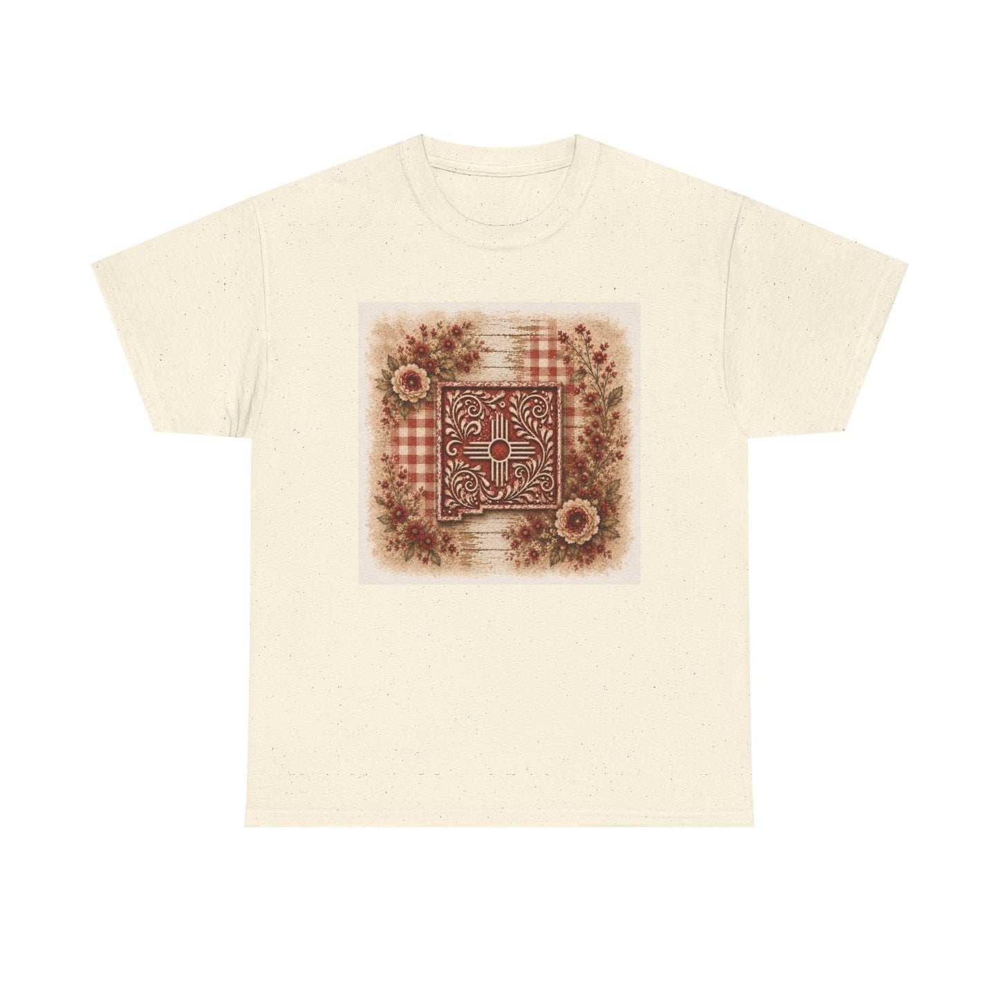 New Mexico Zia Vintage Floral Tee — Rustic Sunflower Plaid Graphic T-Shirt - Red