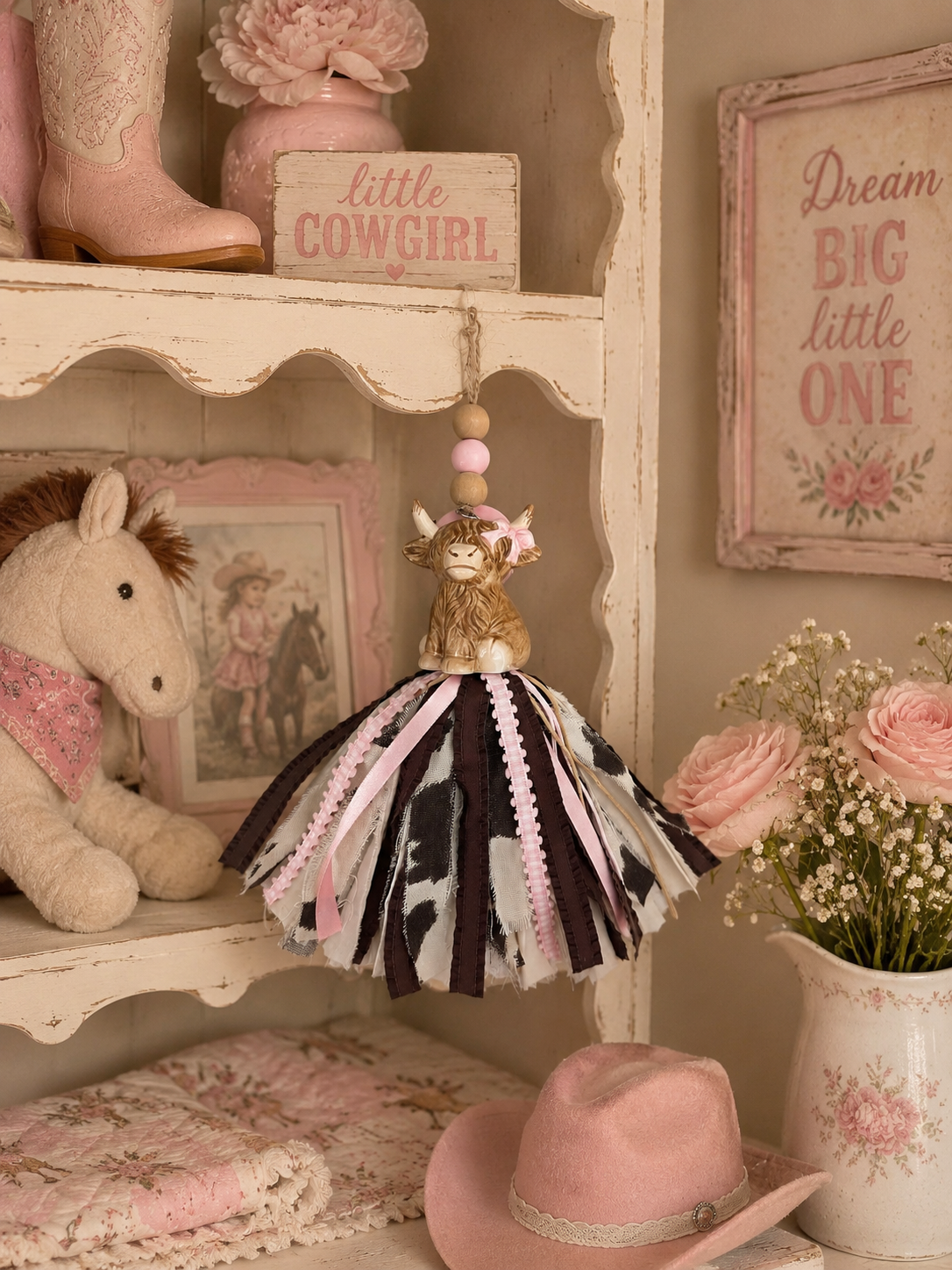 Shabby Chic Highland Cow Salt Shaker Tassel