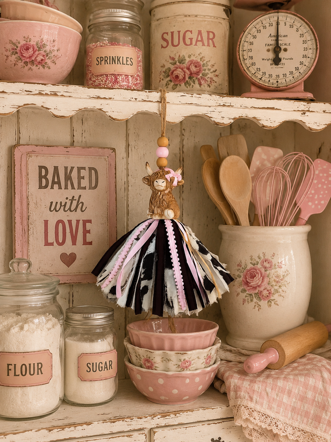 Shabby Chic Highland Cow Salt Shaker Tassel