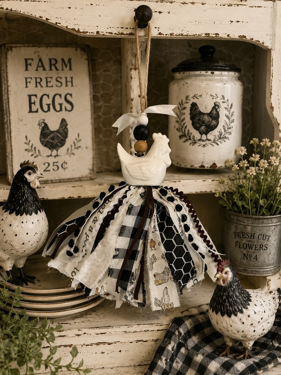 Shabby Chic Salt & Pepper Shaker Chicken Tassel