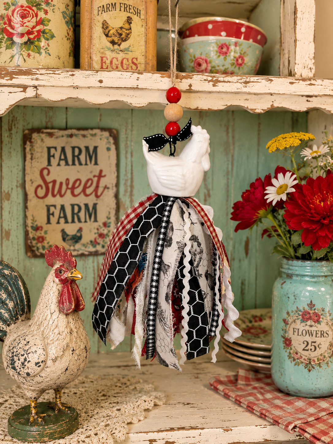 Shabby Chic Salt & Pepper Shaker Chicken Tassel